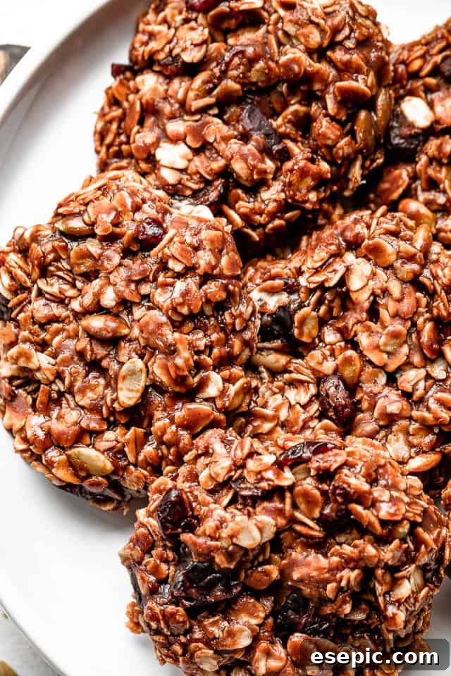 Effortless No-Bake Oat Treats 3 A top-down view of beautifully arranged no-bake oatmeal cookies on a pristine white plate, highlighting their rustic charm and delicious appearance.