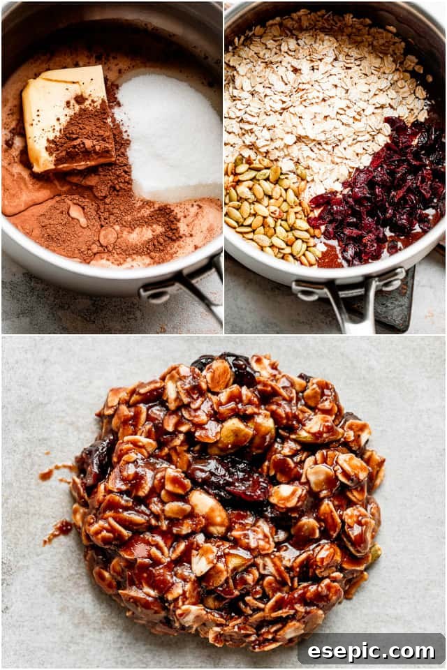 Effortless No-Bake Oat Treats 4 A step-by-step collage demonstrating the process of making no-bake oatmeal cookies, from melting ingredients in a saucepan to mixing in oats and forming cookies on parchment paper.
