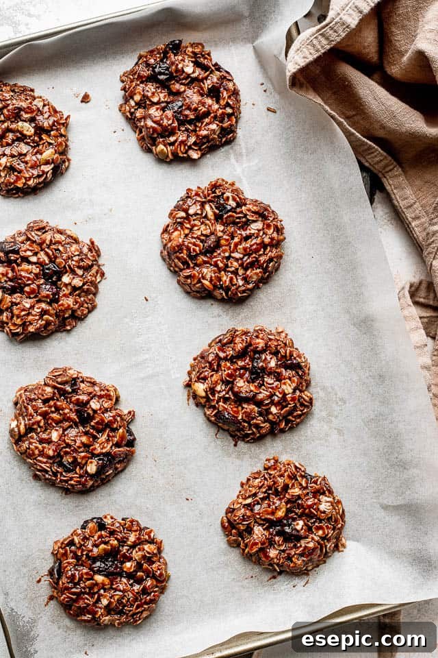 Effortless No-Bake Oat Treats 5 A top-down perspective of freshly formed no-bake oatmeal cookies neatly arranged on parchment paper-lined baking sheets, waiting to set.