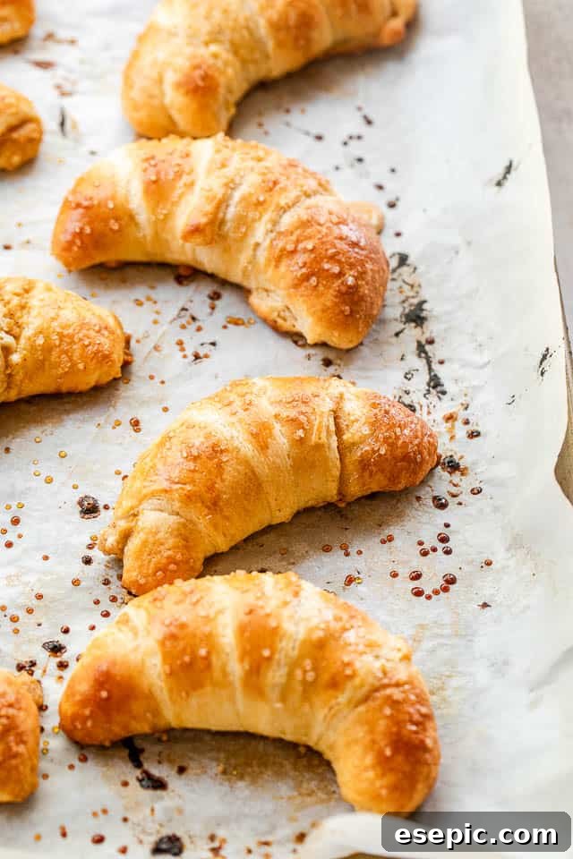 side shot of a baking sheet with baked crescent rolls
