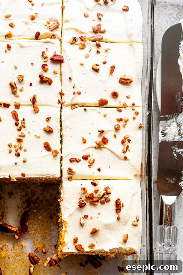 overhead shot of cream cheese frosted pumpkin cake sprinkled with chopped pecans