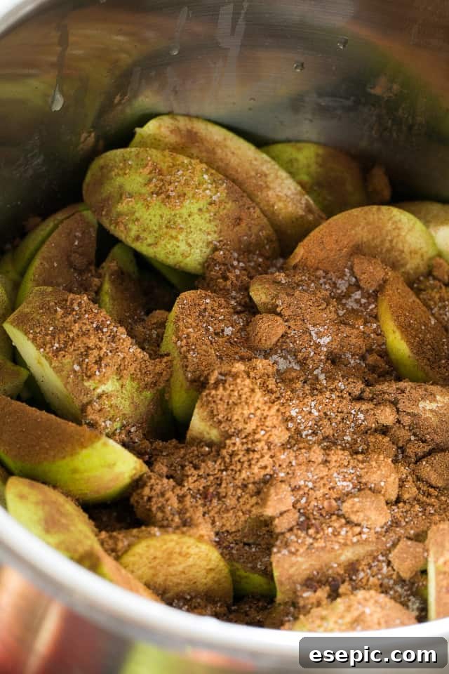 Apple wedges in an Instant Pot insert, sprinkled with brown sugar and cinnamon, ready for cooking.