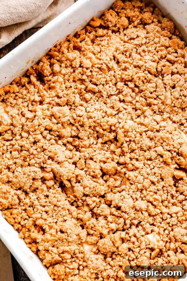 S'mores-Inspired Apple Crumble 5 An unbaked apple crumble with a perfectly pressed graham cracker crust, ready to go into the oven for baking.