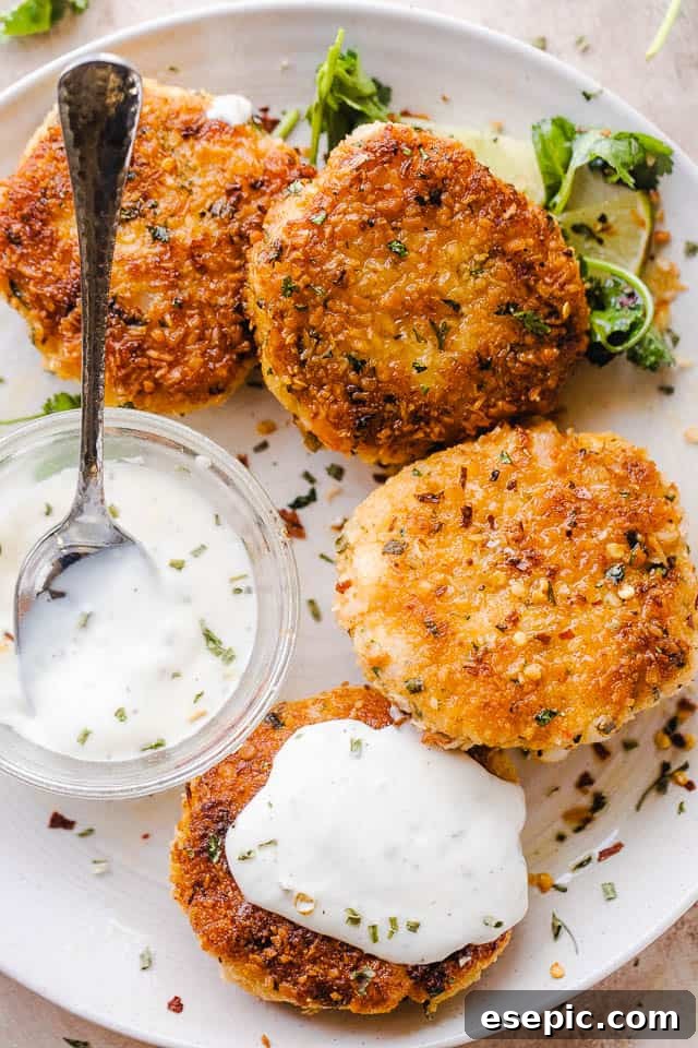 Crispy Coconut Shrimp Patties 2 Plated crispy coconut shrimp cakes on a white serving dish with a small bowl of dipping sauce