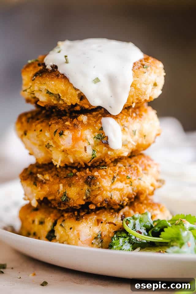 Crispy Coconut Shrimp Fritters 3 Stacked crispy coconut shrimp cakes, glistening with oil and topped with fresh green herbs, with a bowl of sauce in the background.