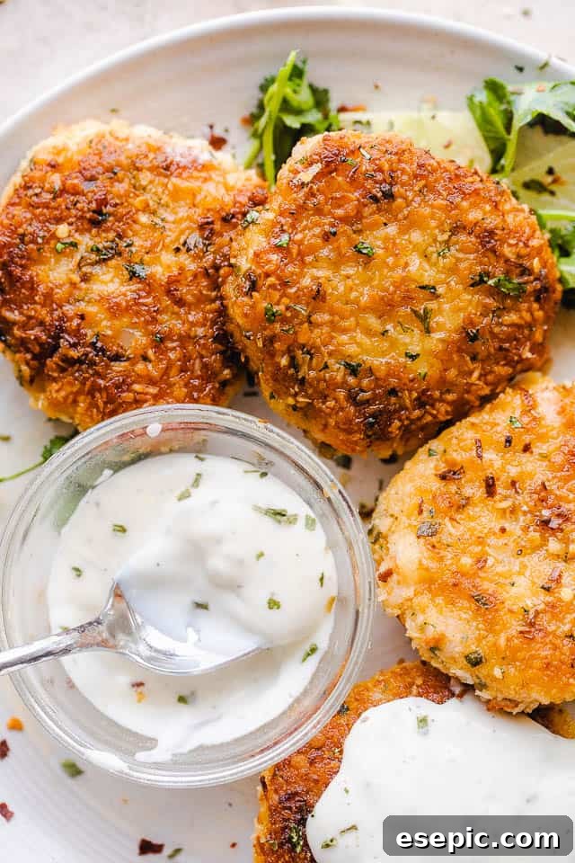Crispy Coconut Shrimp Patties 7 Overhead shot of plated coconut shrimp cakes on a white serving plate and a bowl of sauce