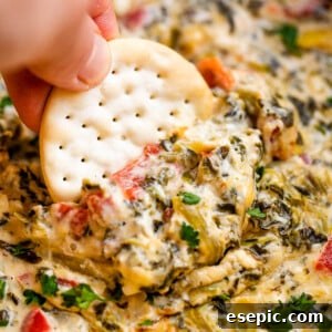 dipping a round cracker in spinach artichoke dip