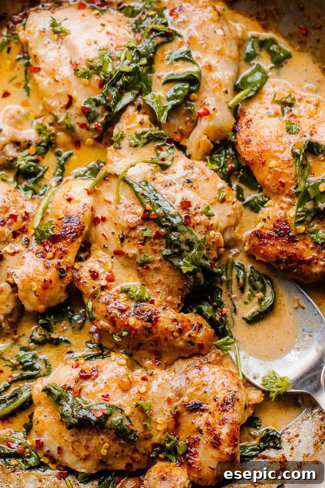 One Pot Creamed Spinach Chicken features tender, juicy chicken thighs smothered in a creamy sauce made with spinach, shallots, wine, and cream. An overhead close-up shot of perfectly cooked boneless, skinless chicken thighs nestled in a rich, creamy sauce generously studded with fresh spinach.