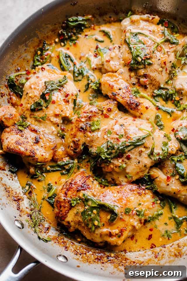 One Pot Creamed Spinach Chicken features tender, juicy chicken thighs smothered in a creamy sauce made with spinach, shallots, wine, and cream. An overhead shot of a silver skillet featuring perfectly cooked boneless, skinless chicken thighs coated in a creamy spinach sauce.