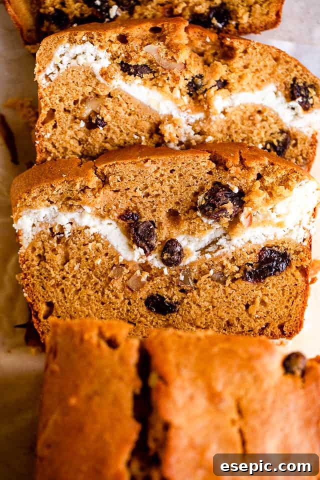 An inviting overhead shot of a generous slice of Pumpkin Swirl Bread, showcasing its prominent cream cheese swirl and visible raisins.