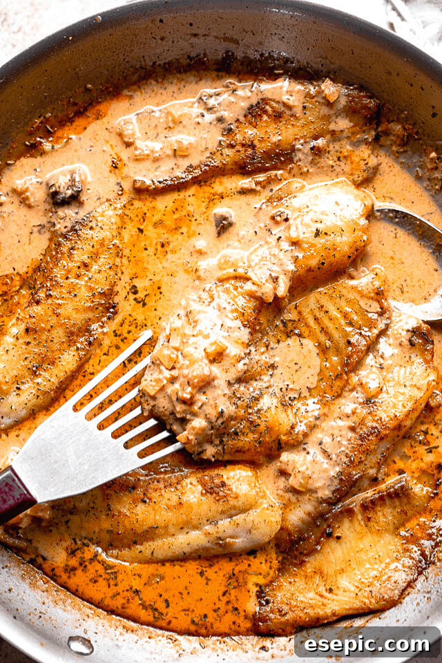 A perfectly cooked pan-fried tilapia fillet being lifted from a skillet with a fish spatula, showcasing its golden-brown crust and tender texture, ready to be served in creamy tomato sauce.