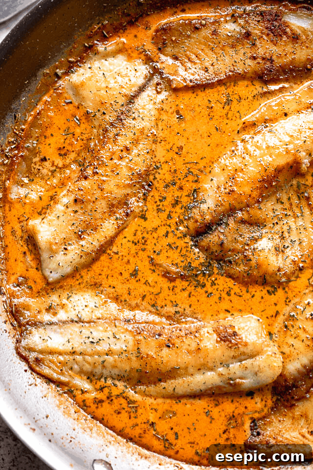 A close-up of tender tilapia fillets coated in a rich, creamy tomato sauce, garnished with fresh parsley, in a skillet ready to be served.