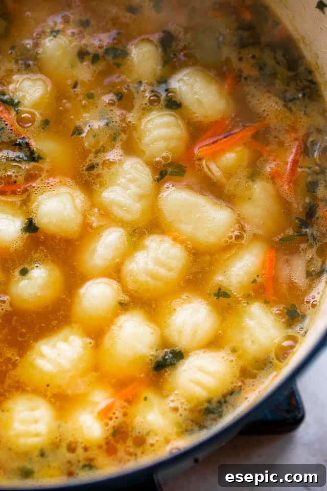 Velvety Chicken Gnocchi Soup 5 Close-up of gnocchi and spinach being added to the simmering soup in a Dutch oven.