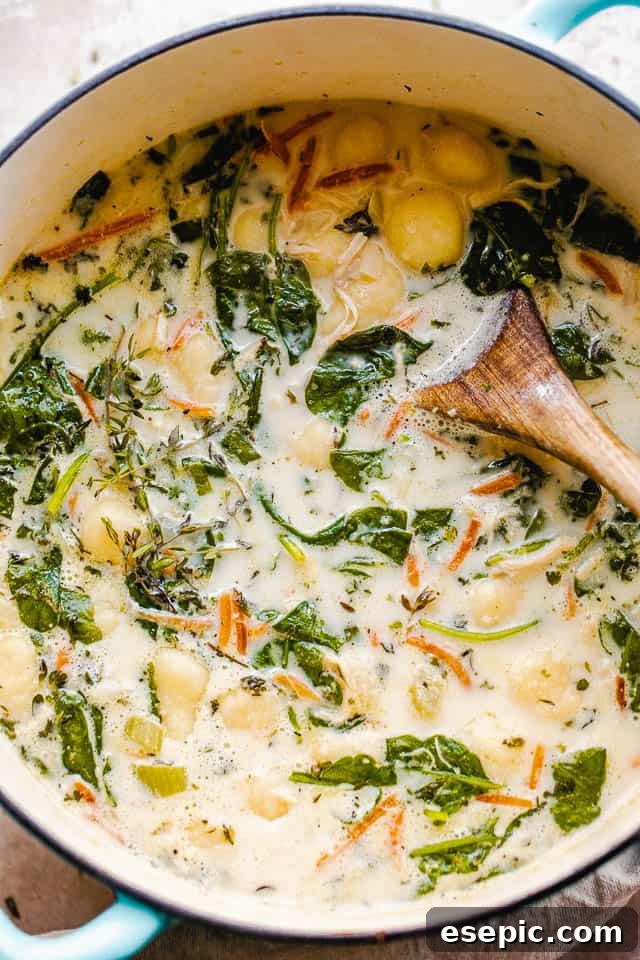 Velvety Chicken Gnocchi Soup 6 Overhead shot of creamy chicken gnocchi soup with spinach and chicken in a large Dutch oven.