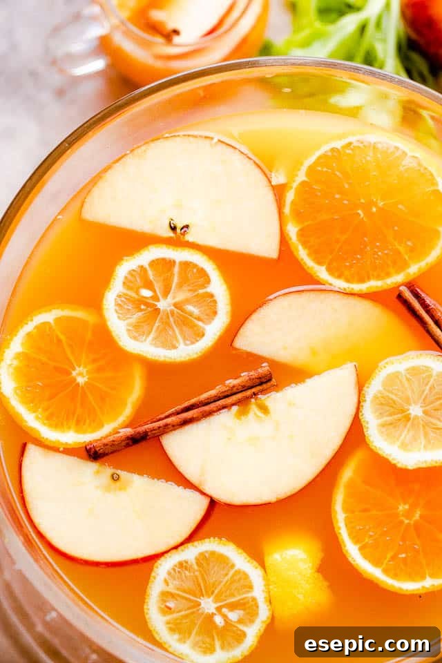 overhead close up shot of apple cider punch in a punch bowl with slices of fruit floating on top