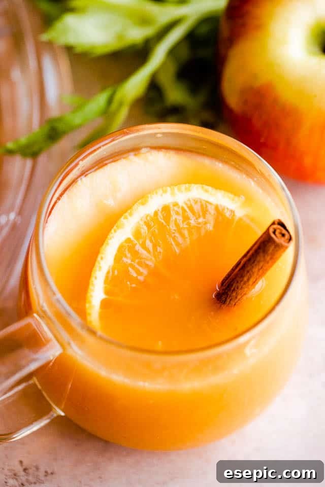 side shot of two glass mugs filled with apple cider punch and served with cinnamon sticks, apple slices, and orange slices inside