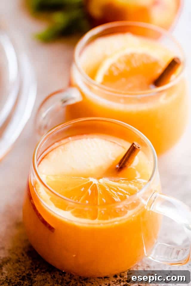 side shot of two glass mugs filled with apple cider punch and served with cinnamon sticks inside