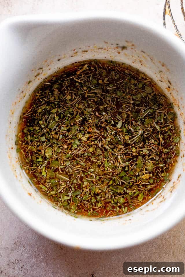 Overhead shot of balsamic vinaigrette in a small white bowl