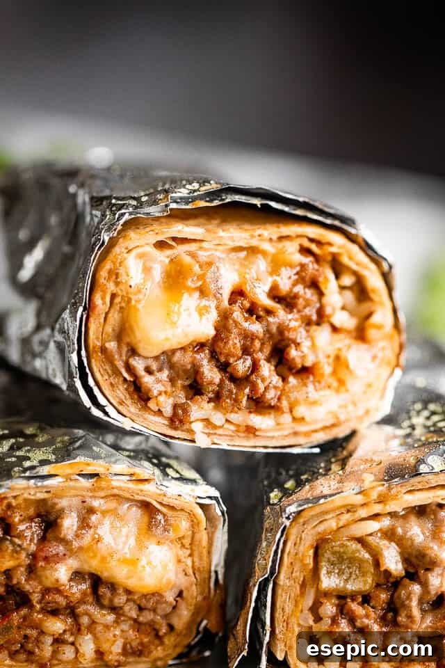 close up shot of three cheesy beef burritos cut in half