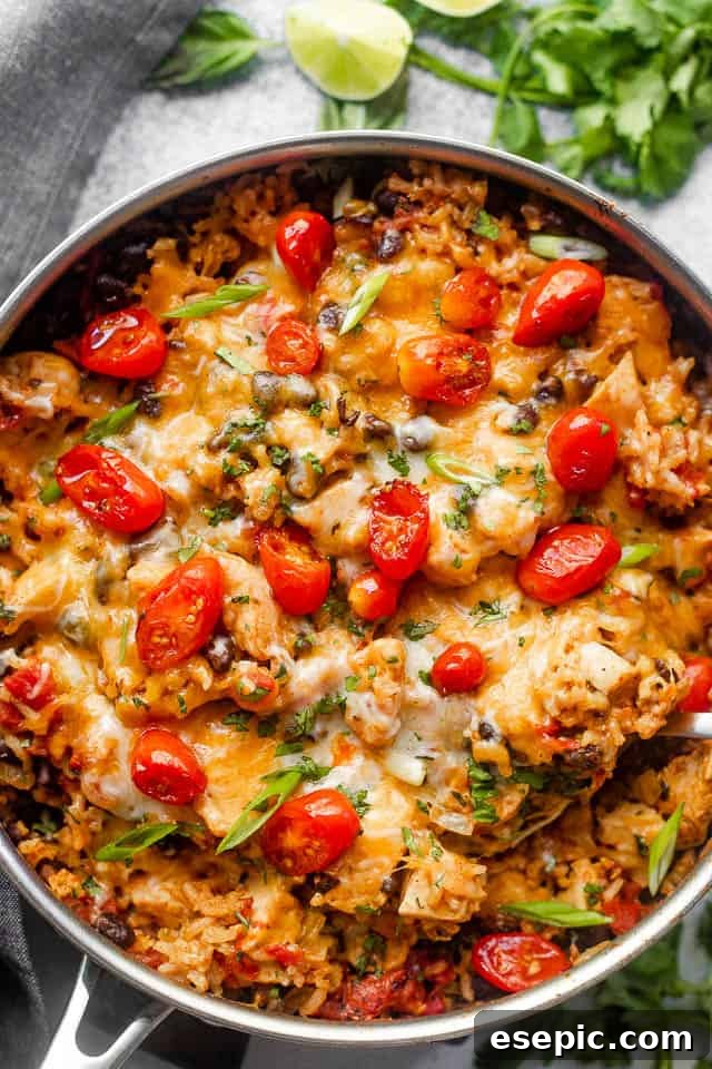 Chicken Burrito Skillet is a festive, one pot meal with juicy chunks of chicken, tender rice, tangy tomatoes, black beans, and cheese. Overhead shot of chicken and rice burrito skillet topped with grape tomatoes.