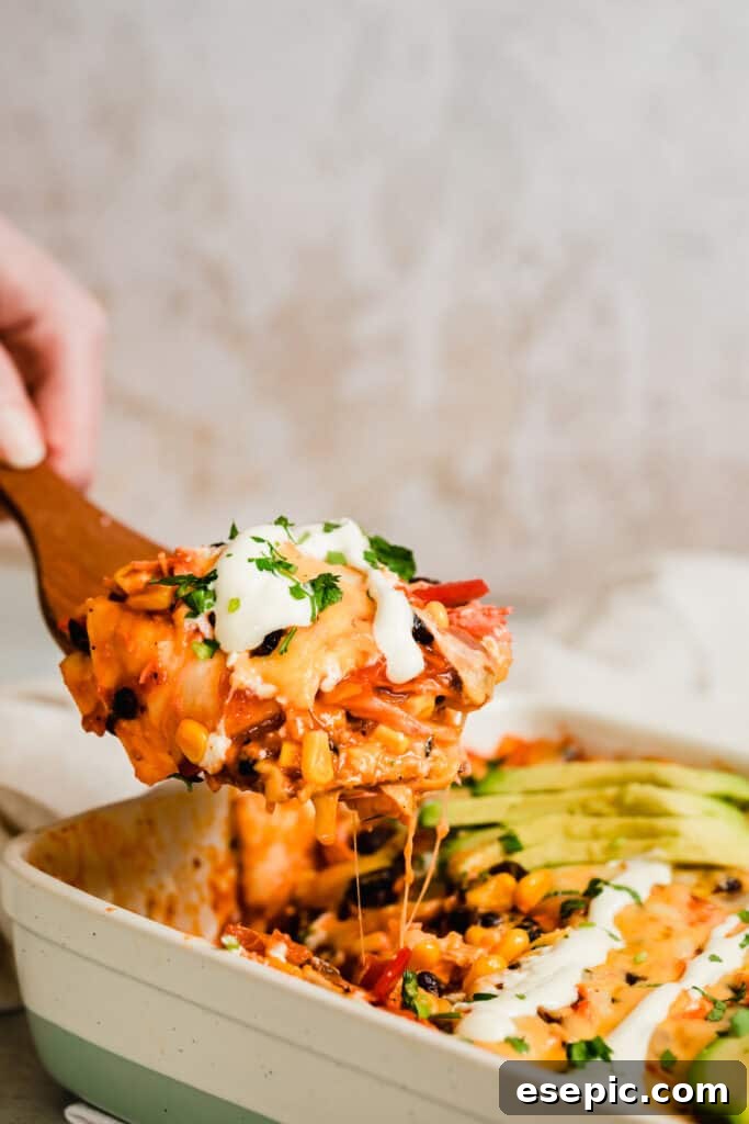 A Serving of Chicken Enchilada Casserole on a Large Wooden Scoop