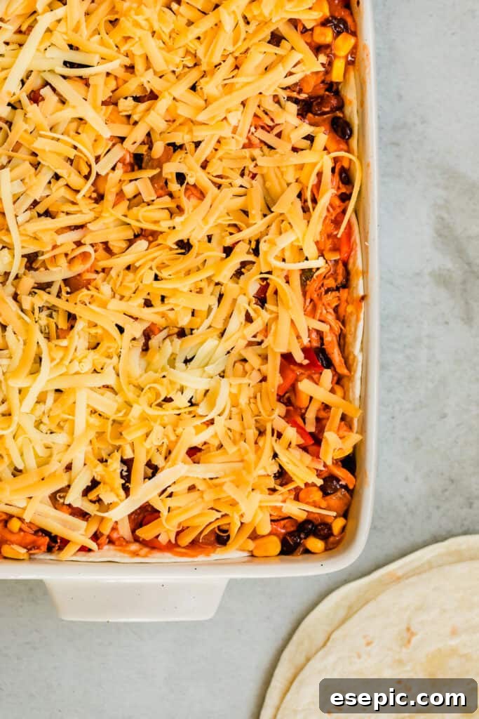 A Cheesy Chicken Enchilada Casserole in a Pan Beside Two Tortillas