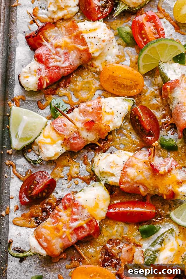 Creamy, spicy, crunchy Bacon Wrapped Jalapeño Poppers are stuffed with cheese and wrapped in bacon. The perfect Super Bowl food idea! Baked, bacon-wrapped jalapeno poppers arranged on a parchment-lined baking sheet, golden and sizzling, just out of the oven.