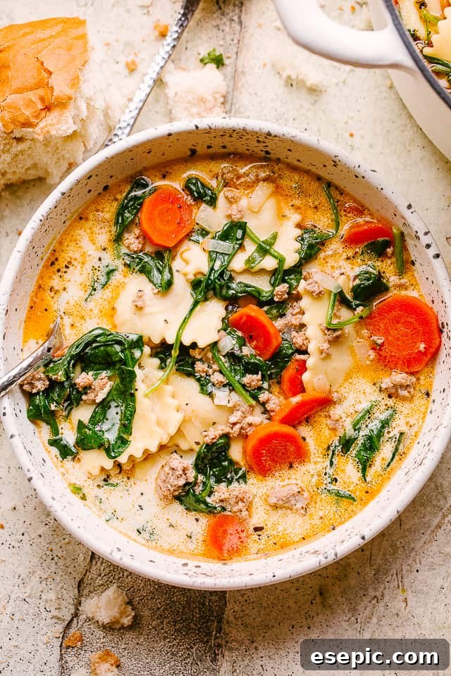 A steaming bowl of creamy ravioli soup, garnished with fresh herbs and grated Parmesan cheese, ready to be enjoyed.