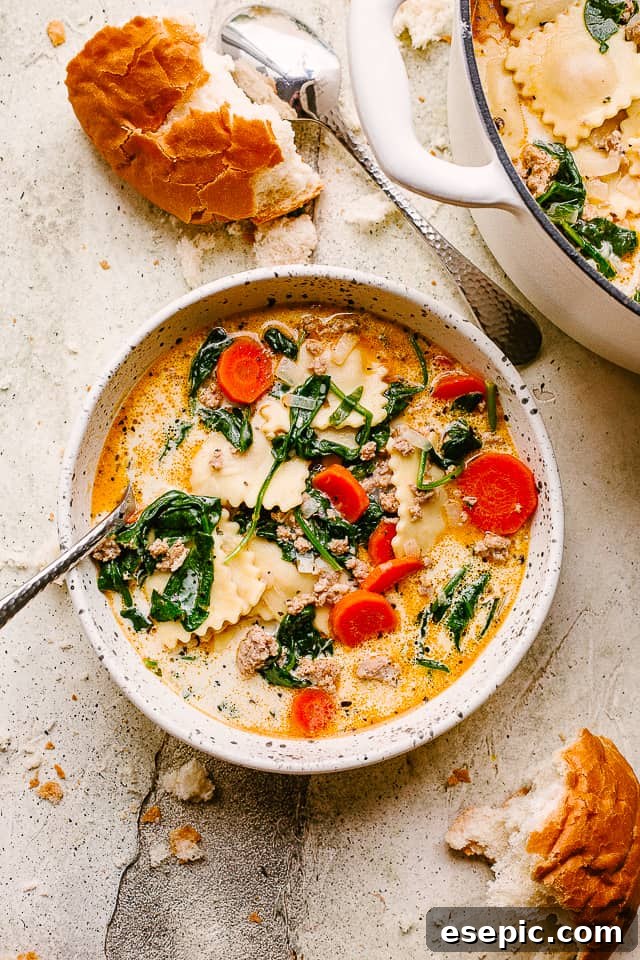 A beautifully presented bowl of creamy ravioli soup, accompanied by torn pieces of crusty bread, inviting a cozy and satisfying meal.
