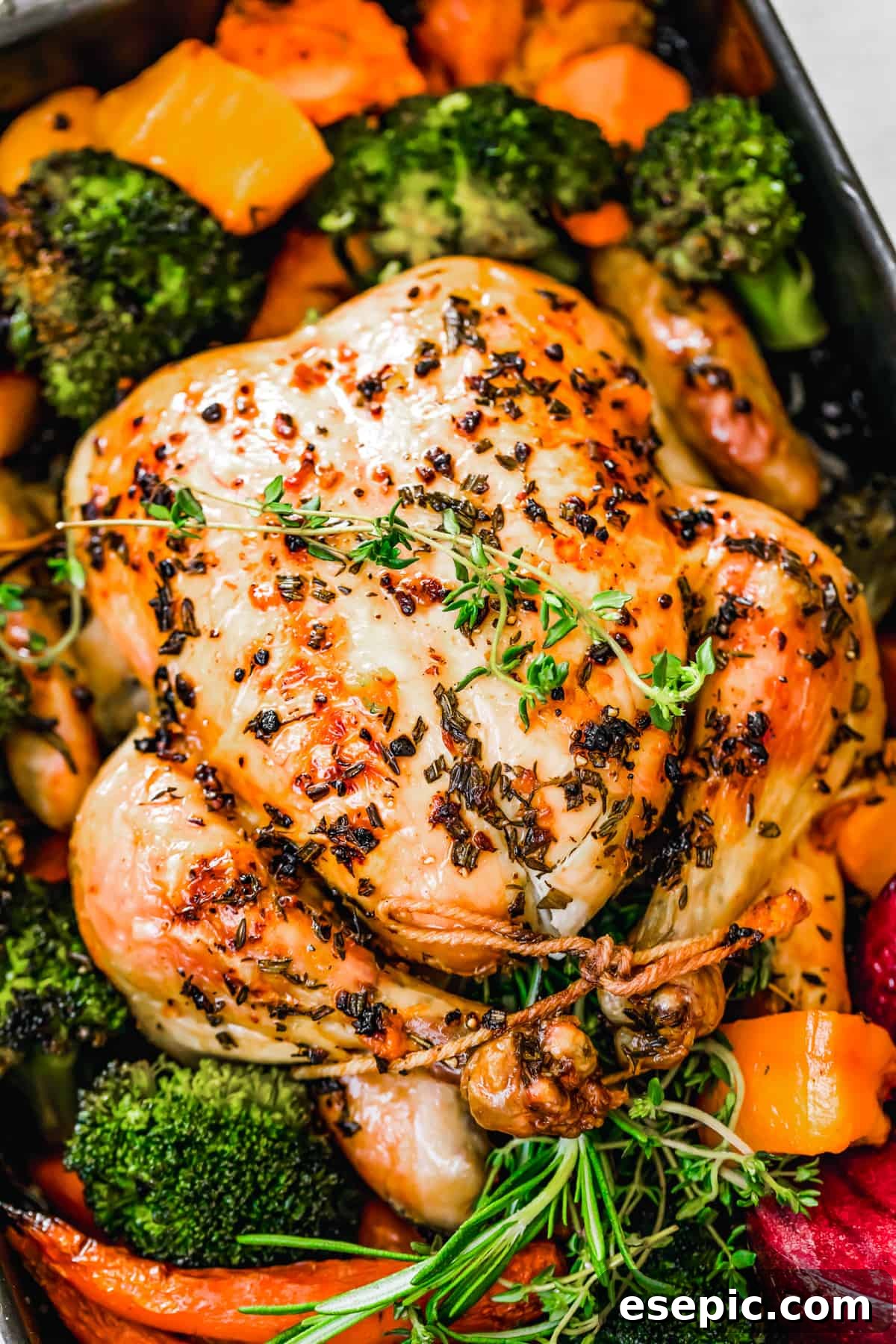 Overhead close-up shot of a golden-brown whole roast chicken, carved and served with tender fall vegetables on a rustic platter, garnished with fresh herbs.