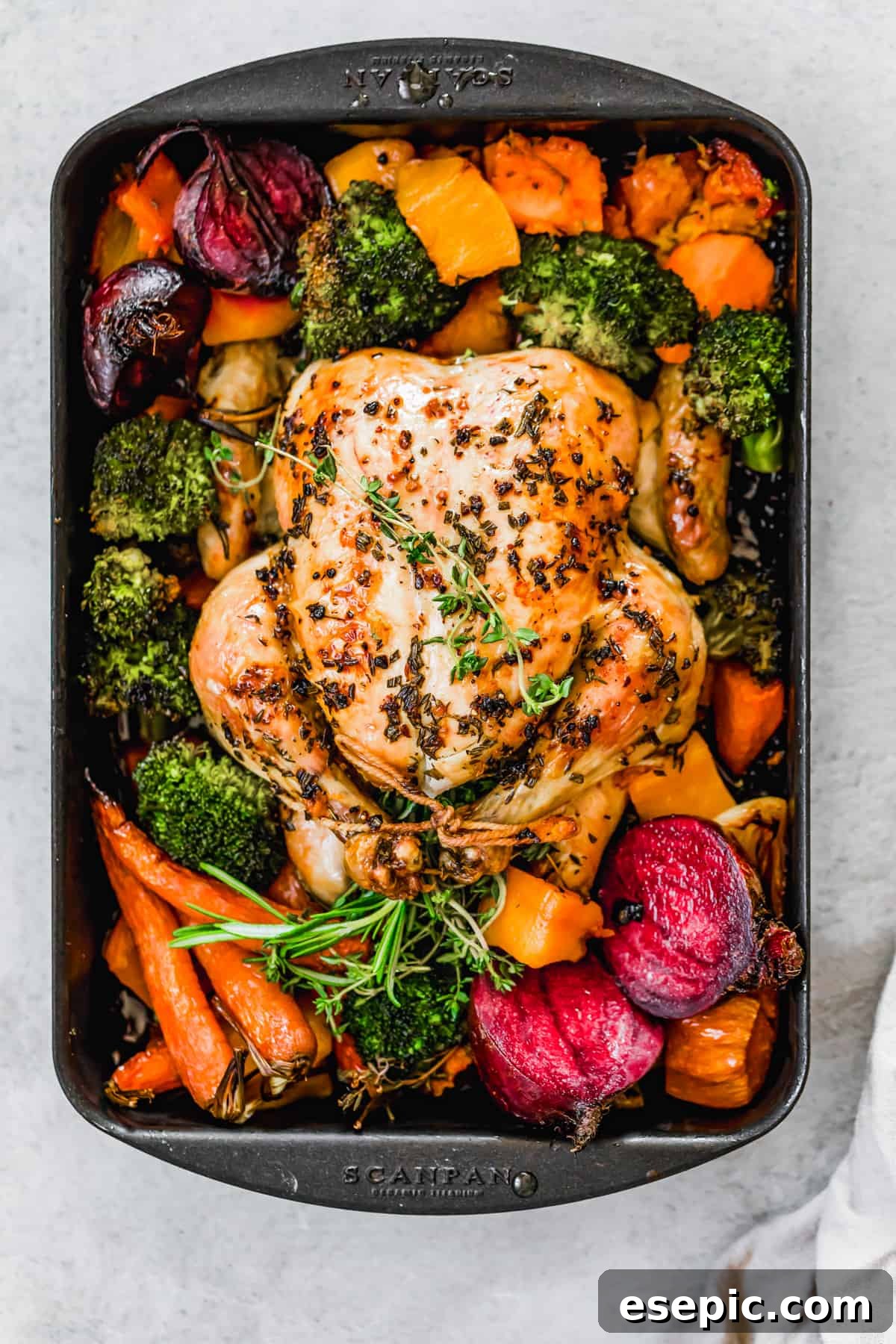 A perfectly cooked whole roast chicken with crispy golden skin, resting on a bed of colorful roasted fall vegetables including butternut squash, sweet potatoes, and carrots, on a baking sheet, ready for serving.