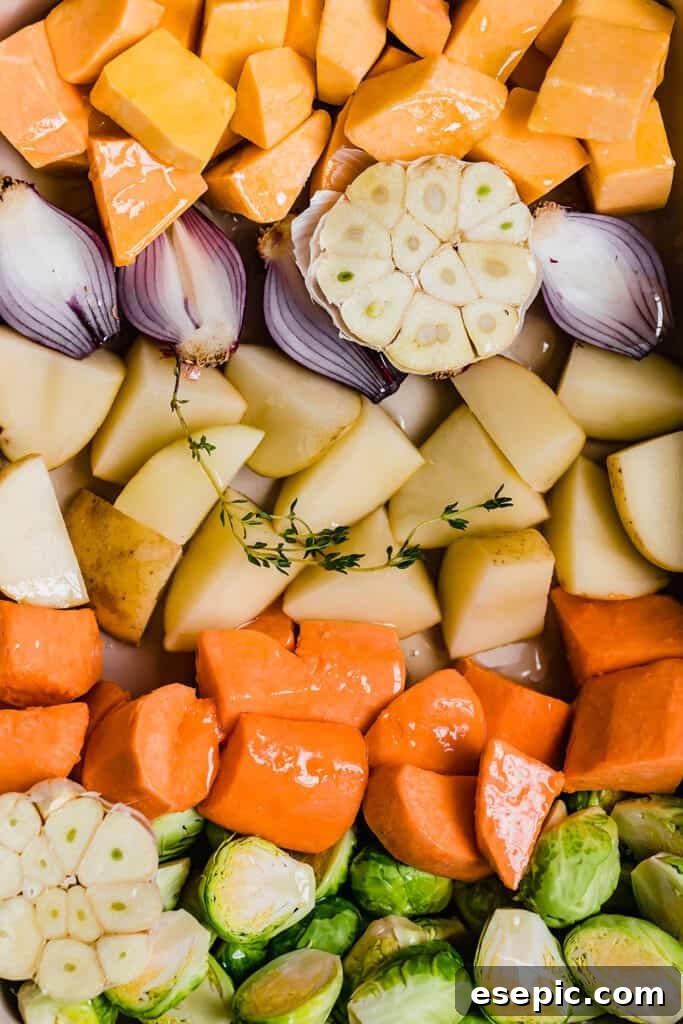 Assortment of freshly chopped carrots, Brussels sprouts, potatoes, and butternut squash, ready for roasting.