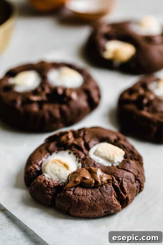Cozy Cocoa Sugar Cookies 6 Four chocolate marshmallow cookies cooling on a sheet of parchment paper.