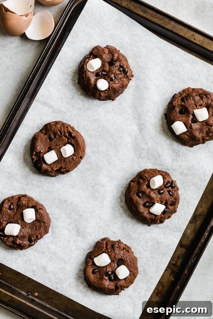 Cozy Cocoa Sugar Cookies 10 Six perfectly shaped Hot Chocolate Sugar Cookie dough balls on a lined pan, topped with chocolate chips & marshmallows.