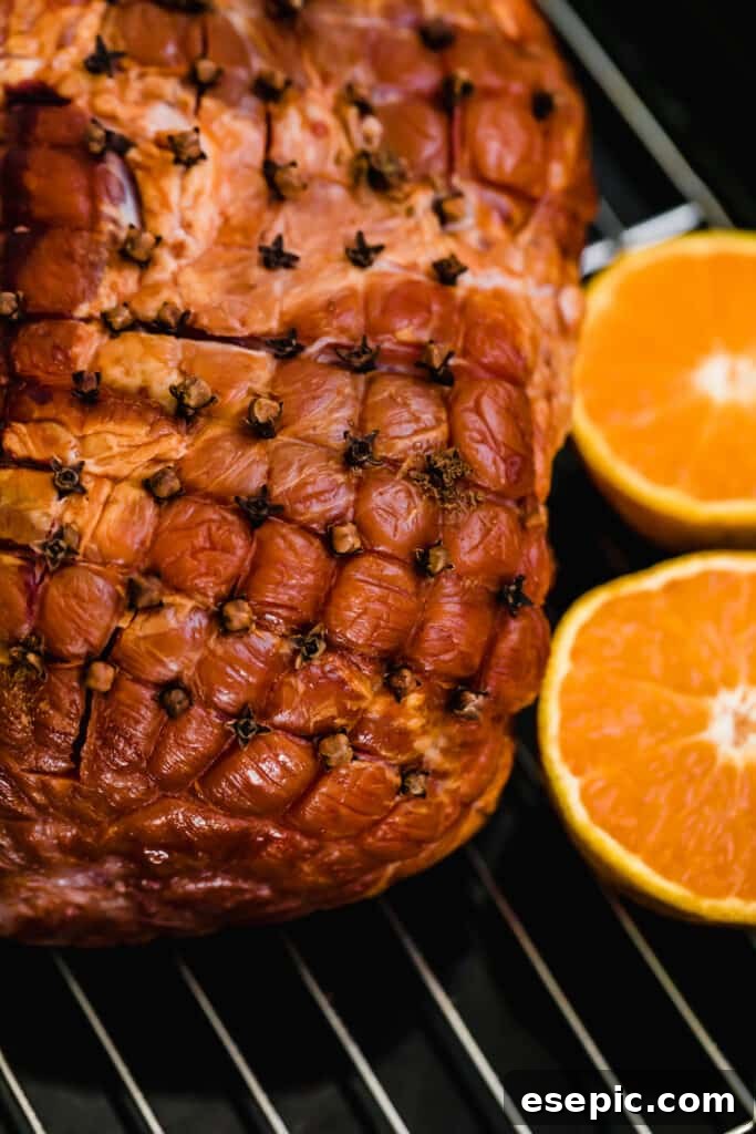 A close-up view of a ham with cloves stuck into a diamond pattern in its fat.