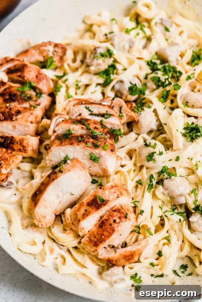 A Close-Up Shot of Sliced Chicken Breasts and Fettuccine Pasta with Alfredo Sauce