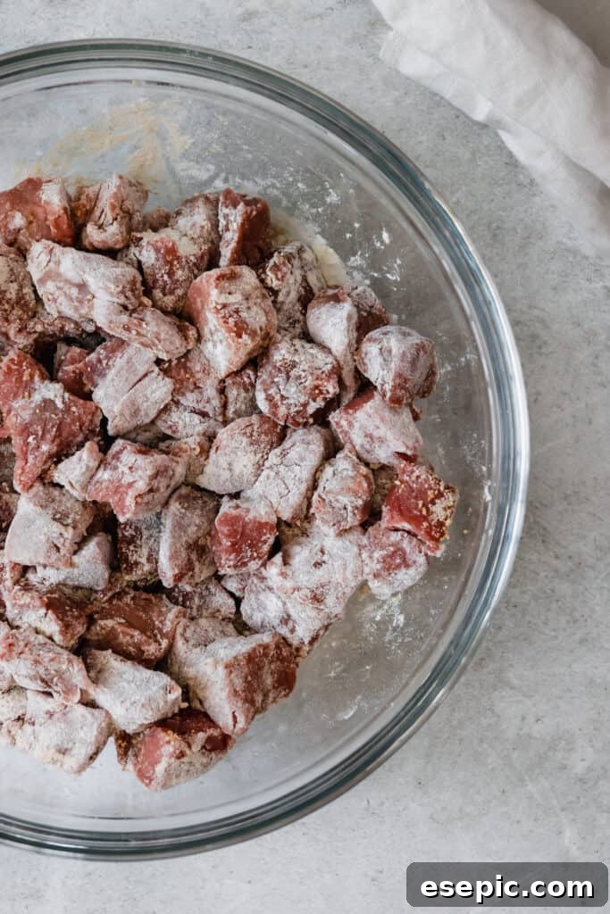 Cubes of Beef Coated in the Flour Mixture