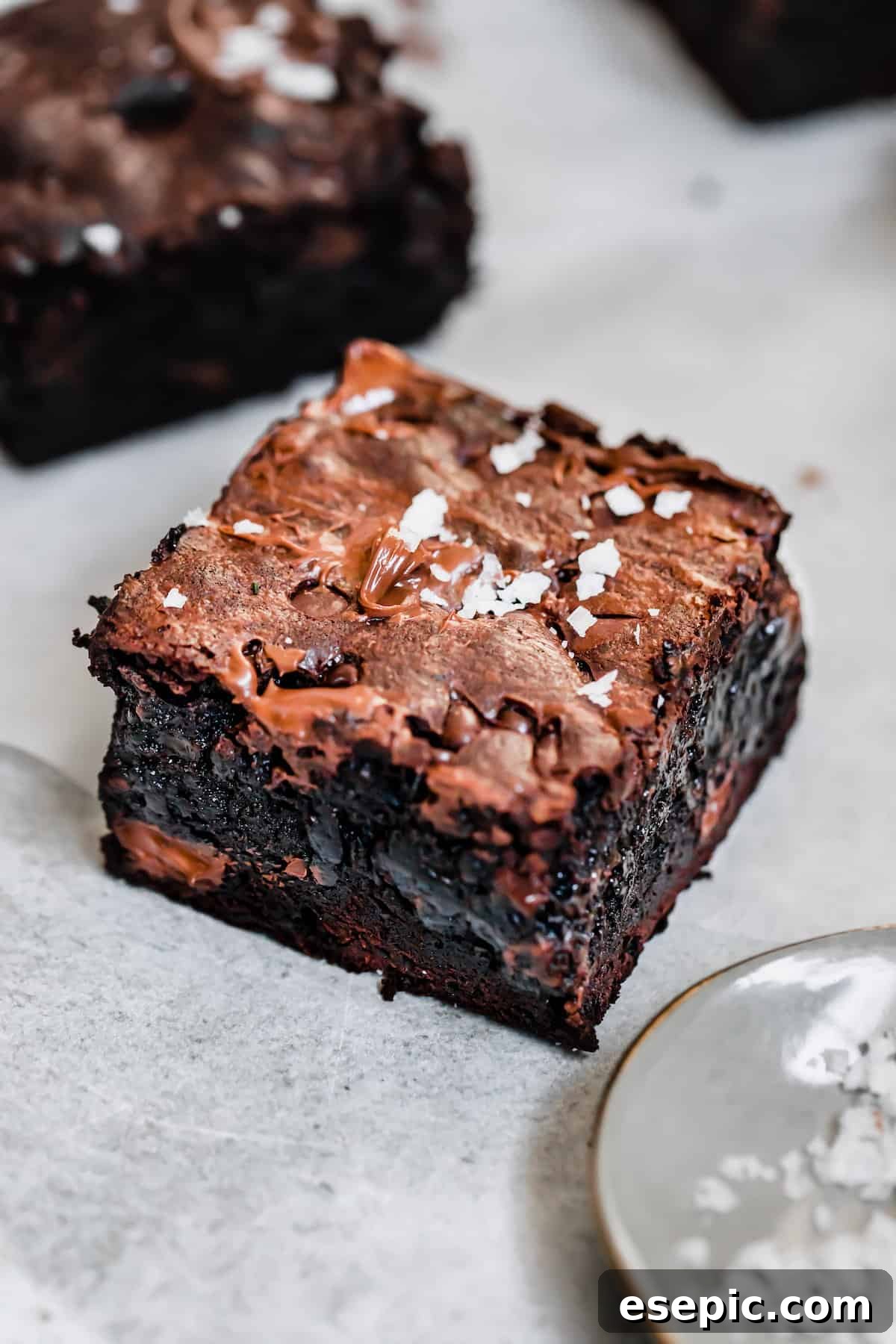 A Sea Salt-Topped Brownie with Melty Chocolate On Top, highlighting the rich, fudgy interior