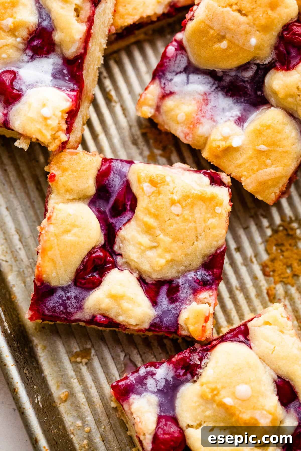 Pan of Cherry Kuchen Bars Topped with Glaze