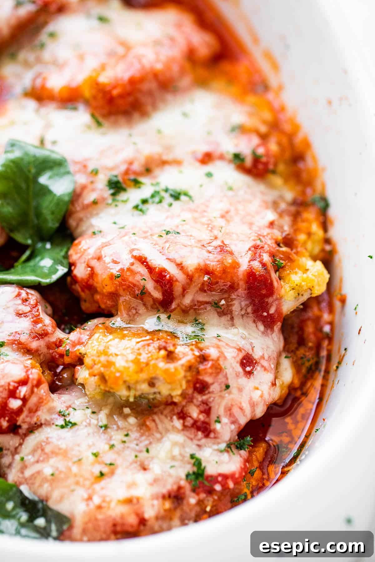 close up side shot of baked pork parmigiana topped with melted cheese and basil leaves.