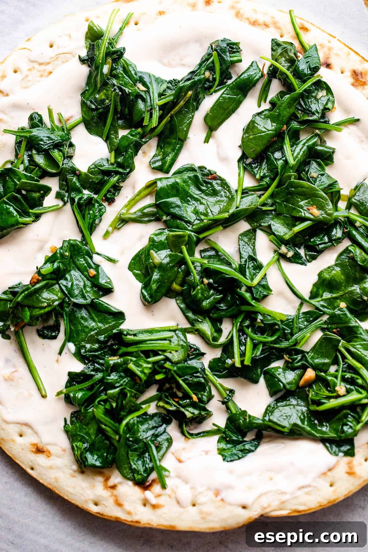 Pizza crust generously topped with creamy Alfredo sauce and fresh baby spinach.