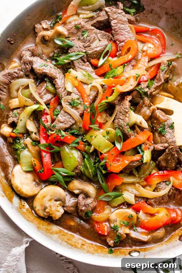 Sticky Honey Balsamic Beef 2 overhead shot of skillet with beef stir fry