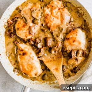 Luscious Marsala Chicken 12 Chicken in a creamy marsala sauce with a wooden serving spoon.