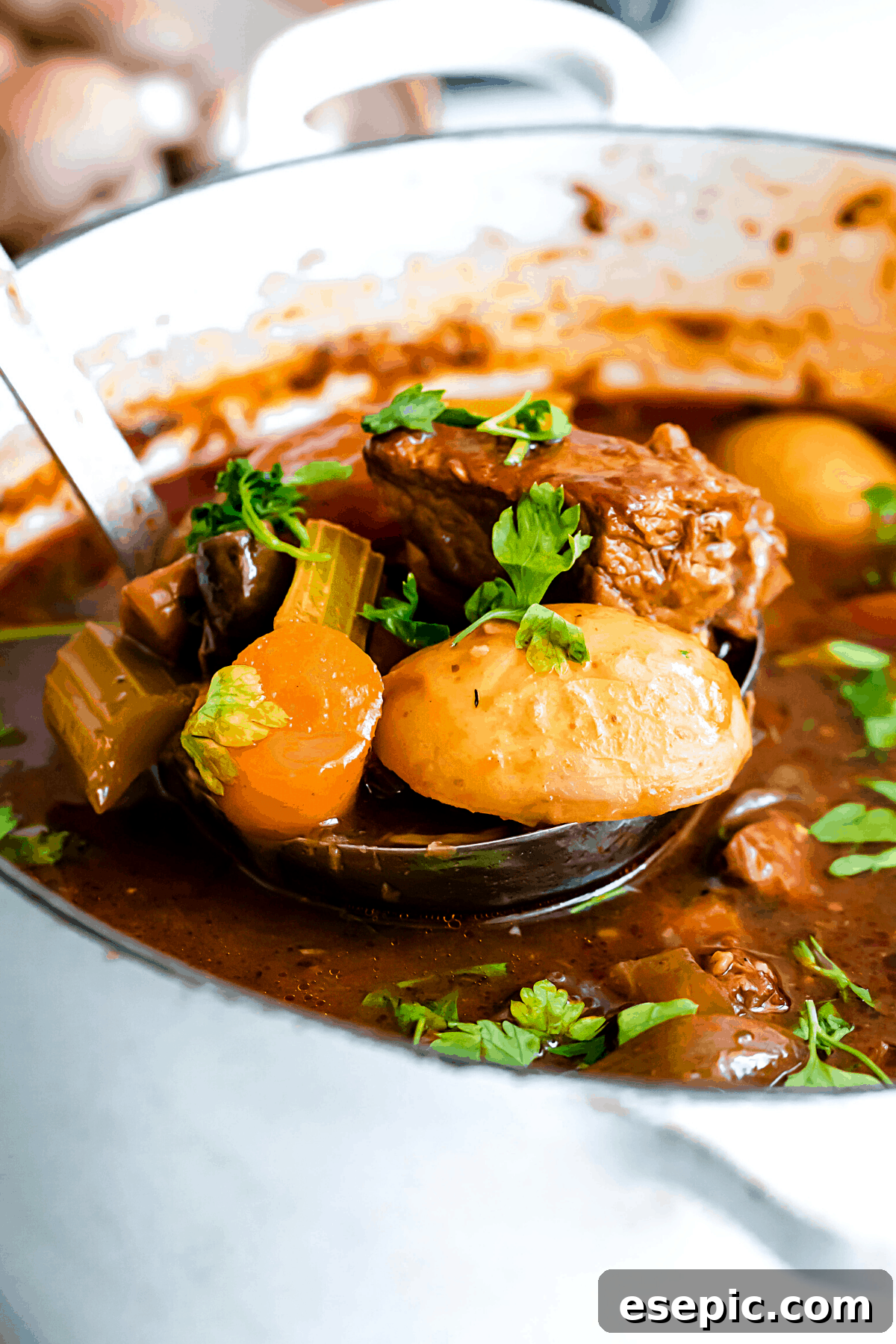 Slow-Simmered Guinness Beef Stew 14 A generous serving of Guinness beef stew being expertly ladled from a white Dutch oven into a bowl, ready to be served.