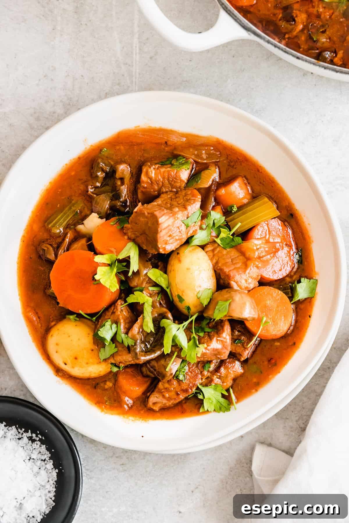 Slow-Simmered Guinness Beef Stew 3 A beautifully presented bowl of Guinness beef stew, brimming with tender beef, vibrant carrots, and soft potatoes, ready to be enjoyed.