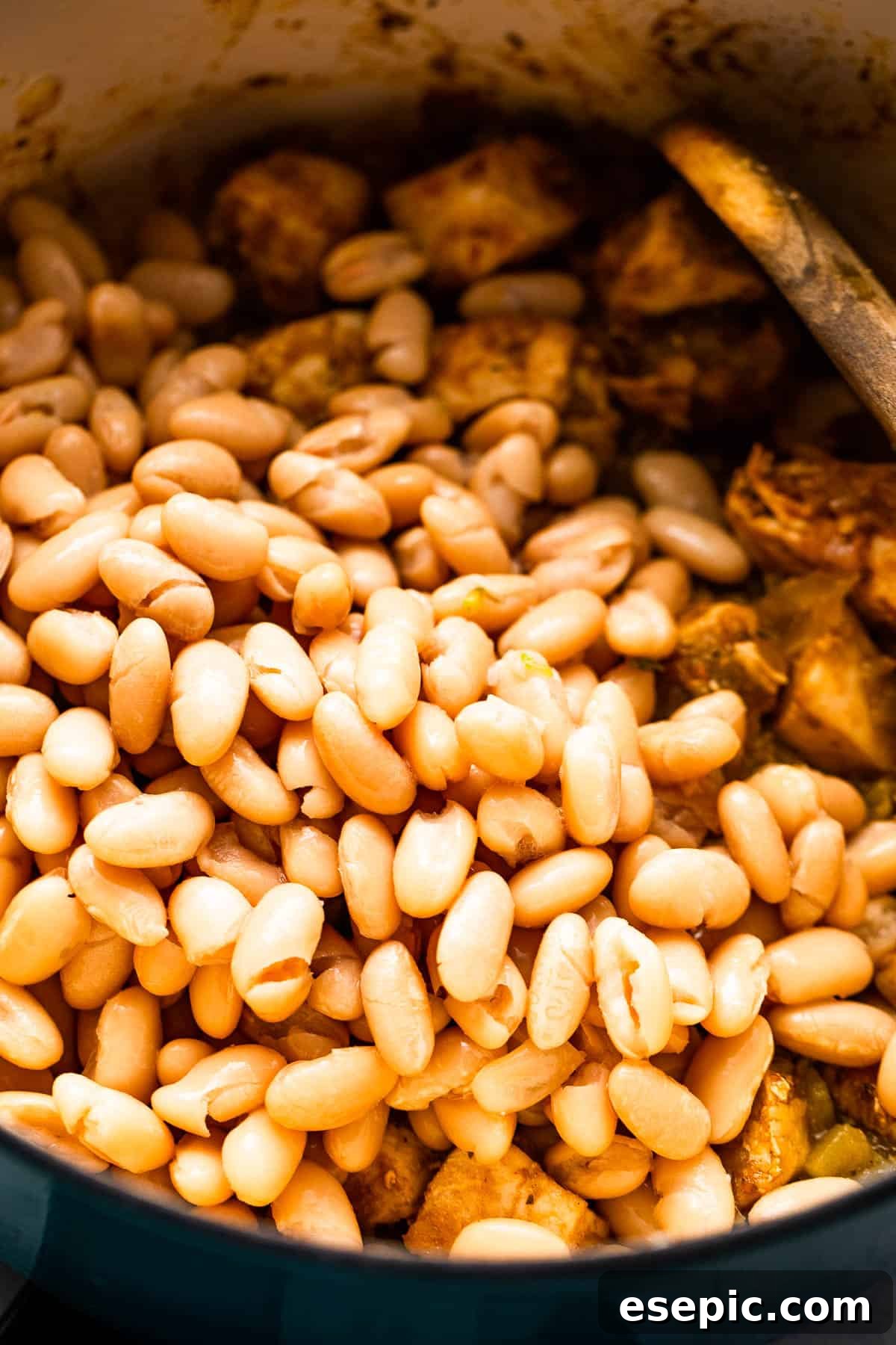cooking chicken pieces and beans in a pot