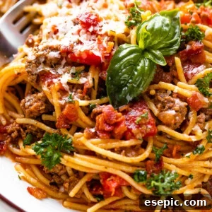 Close up shot of spaghetti with ground beef, tomatoes, and fresh basil, garnished with Parmesan cheese.