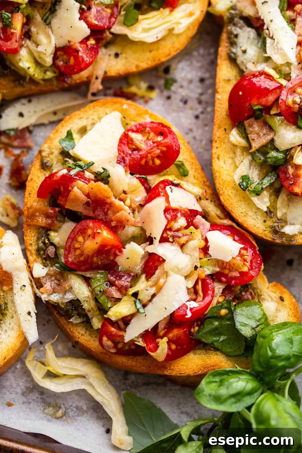 close up shot of a BLT Bruschetta bread recipe.