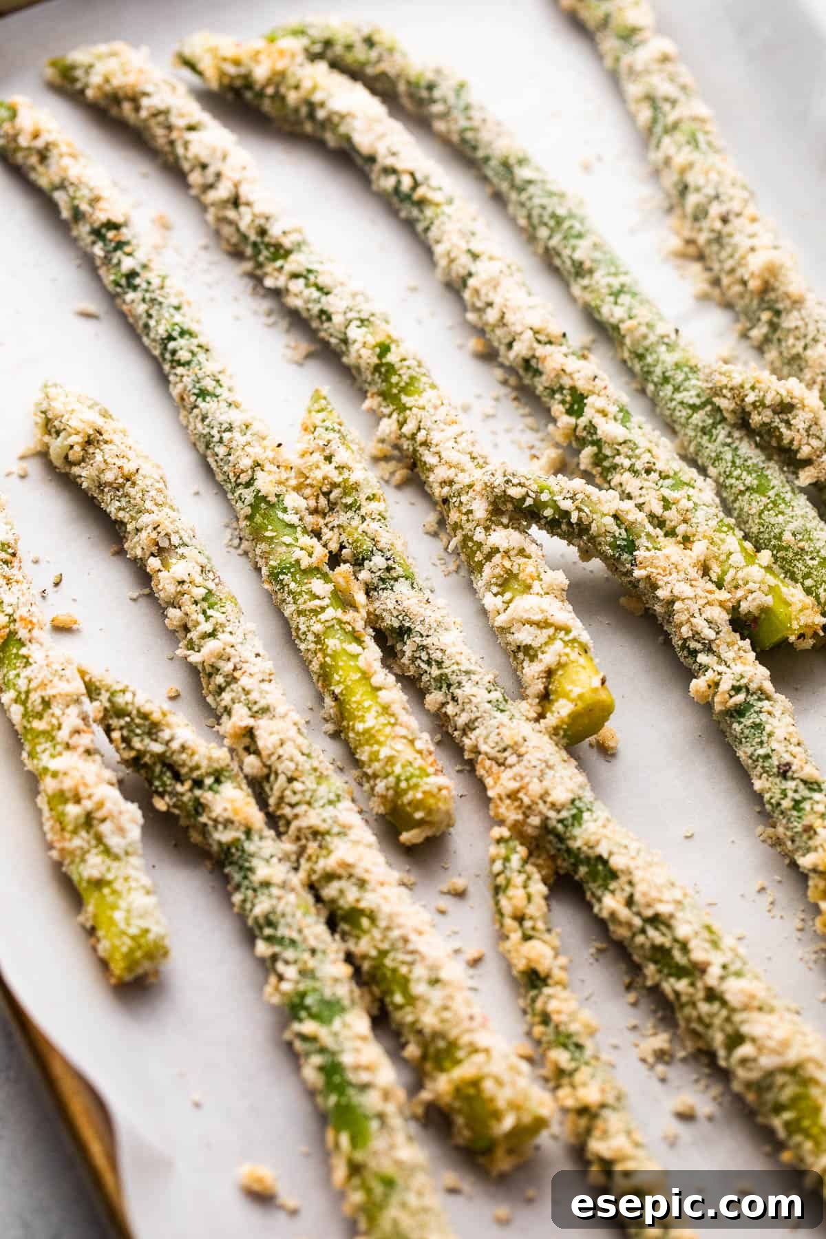 Crispy Parmesan Panko Asparagus Sticks 5 arranged fresh asparagus spears coated with parmesan panko crumbs