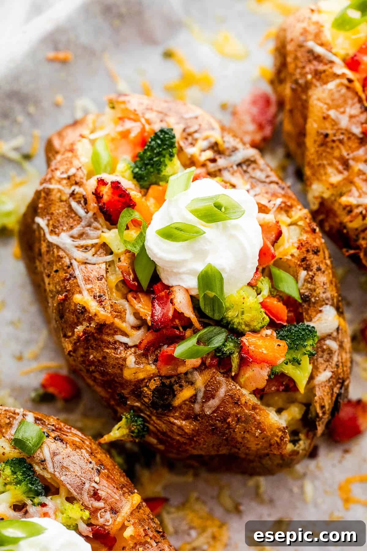 Three Instant Pot Baked Potatoes Beside Bowls of Cheese, Broccoli, Bacon, Chopped Green Onions and Sour Cream